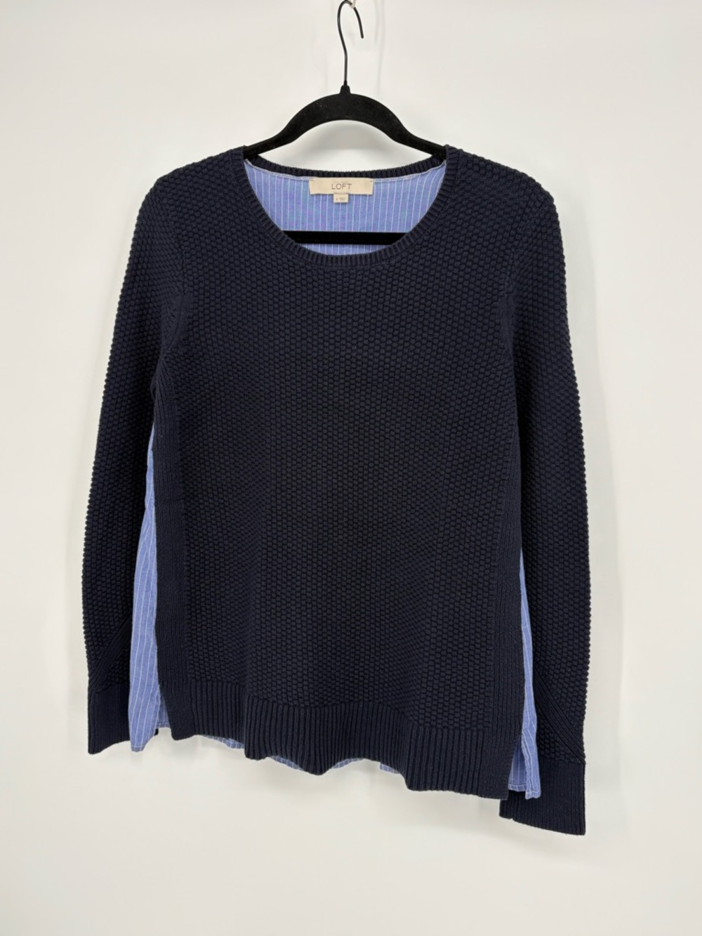LOFT Sweater Waffle Knit Navy Blue with Blue Stripe Back Women’s Small